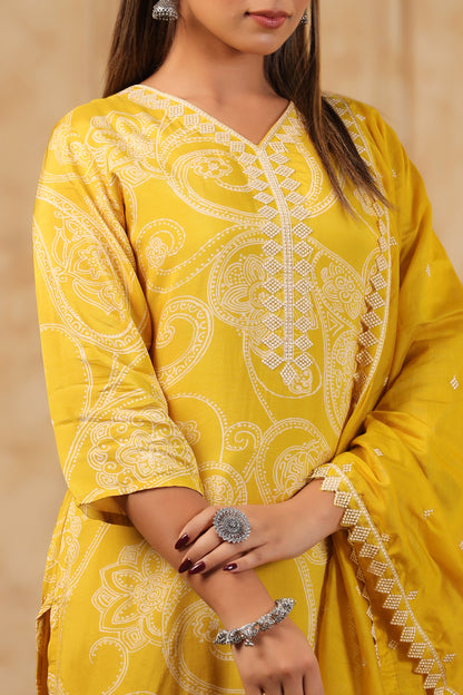 Yellow Paisley Printed Kurta Set with Crochet Lace