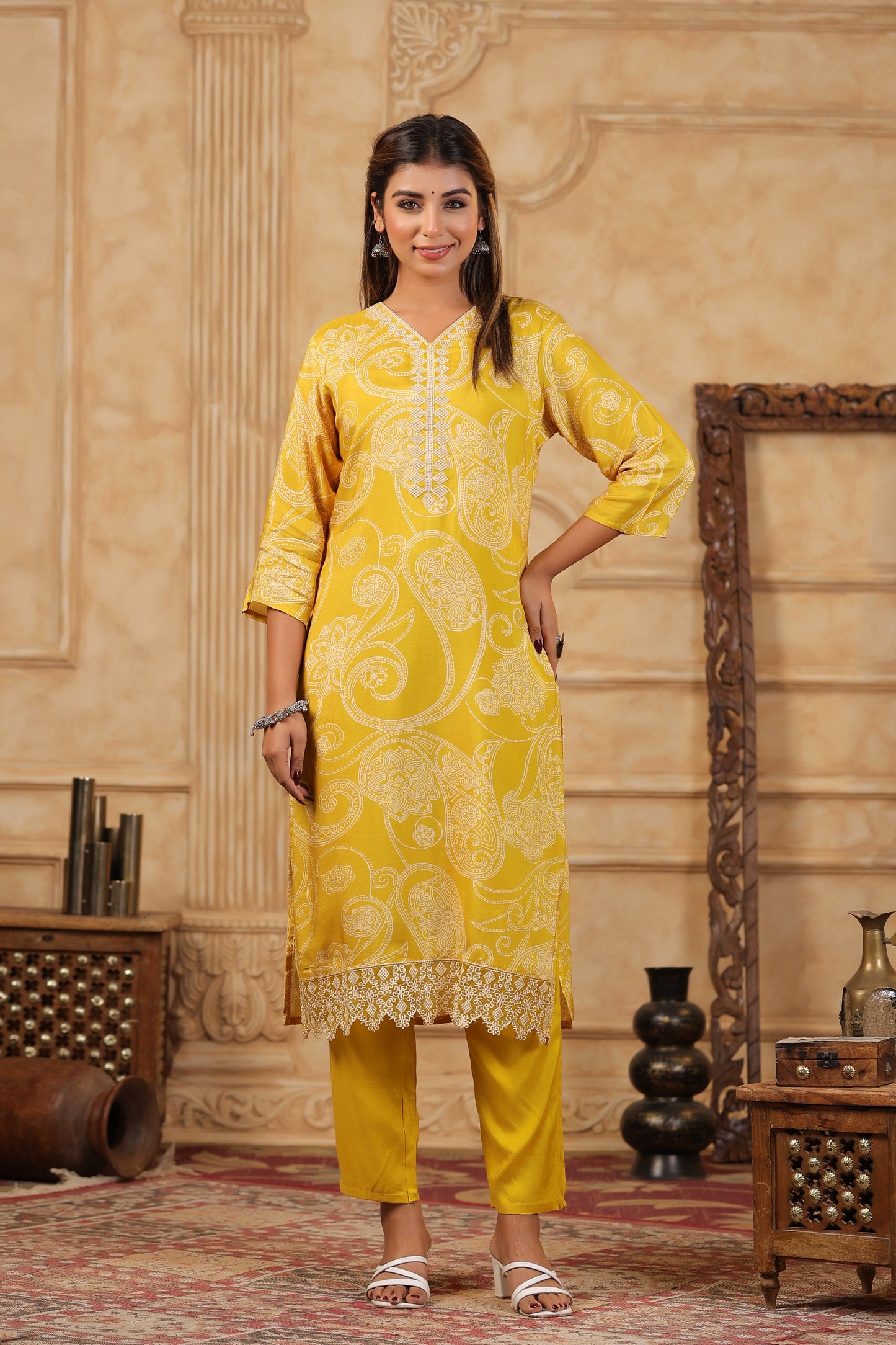 Yellow Paisley Printed Kurta Set with Crochet Lace