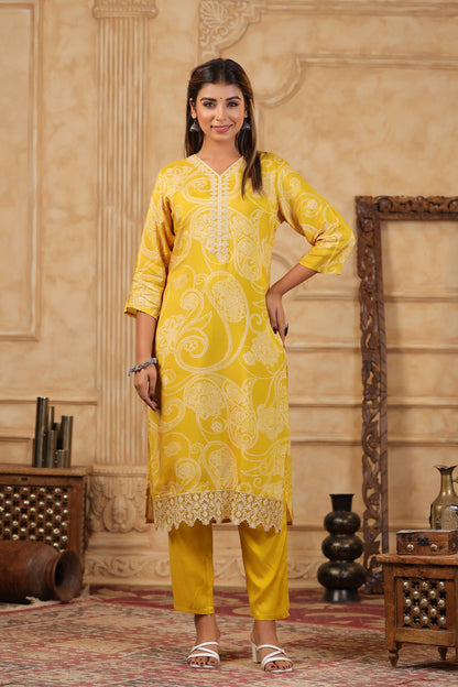 Yellow Paisley Printed Kurta Set with Crochet Lace