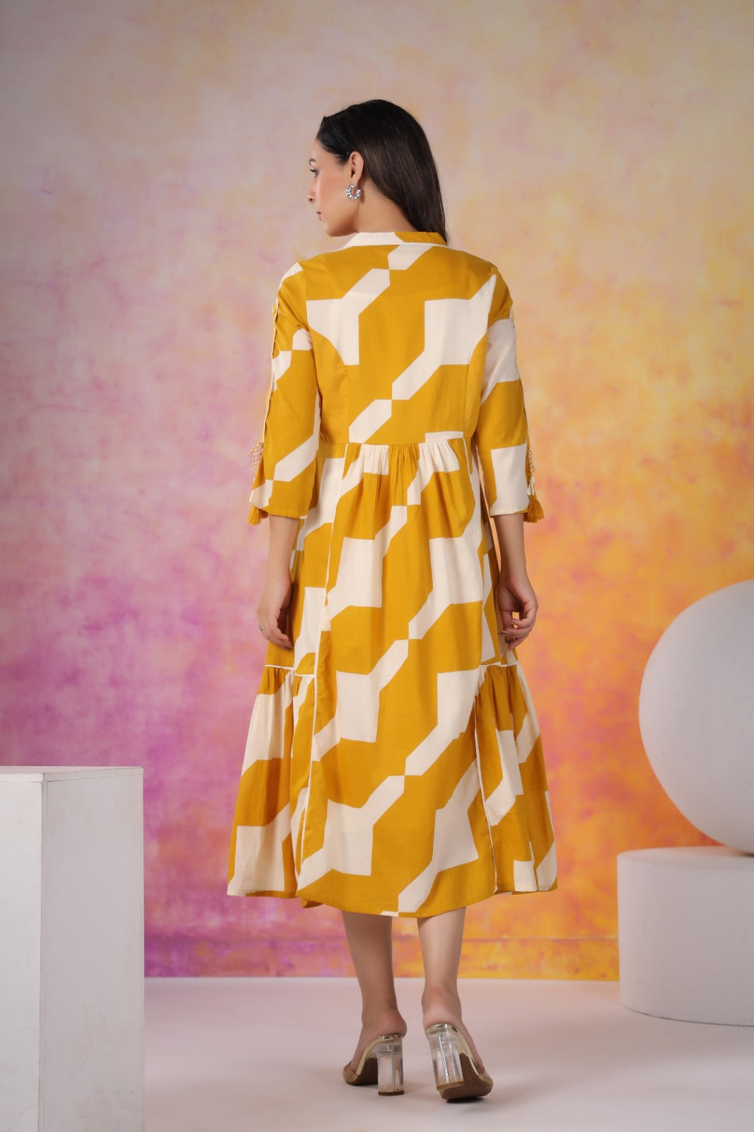 Mustard Abstract Print Cotton Midi Dress