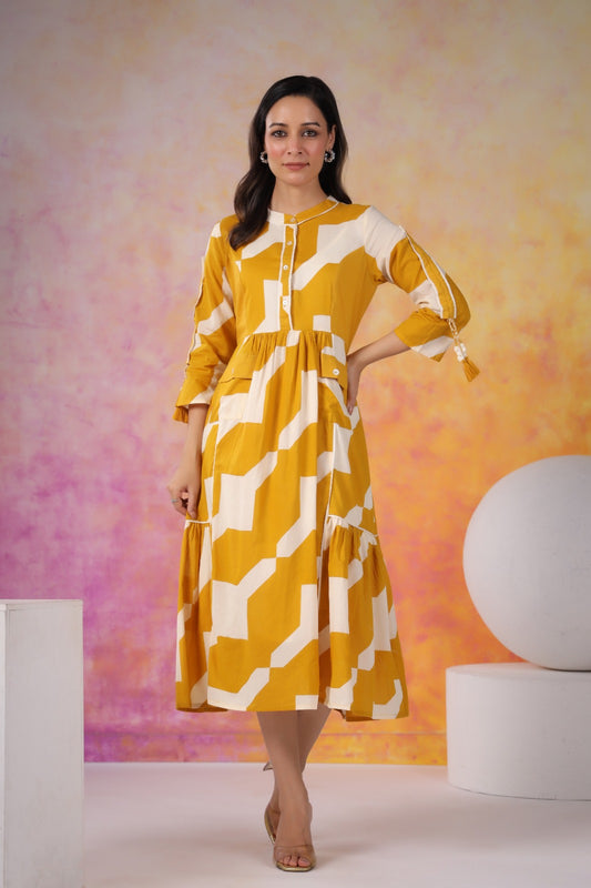 Mustard Abstract Print Cotton Midi Dress