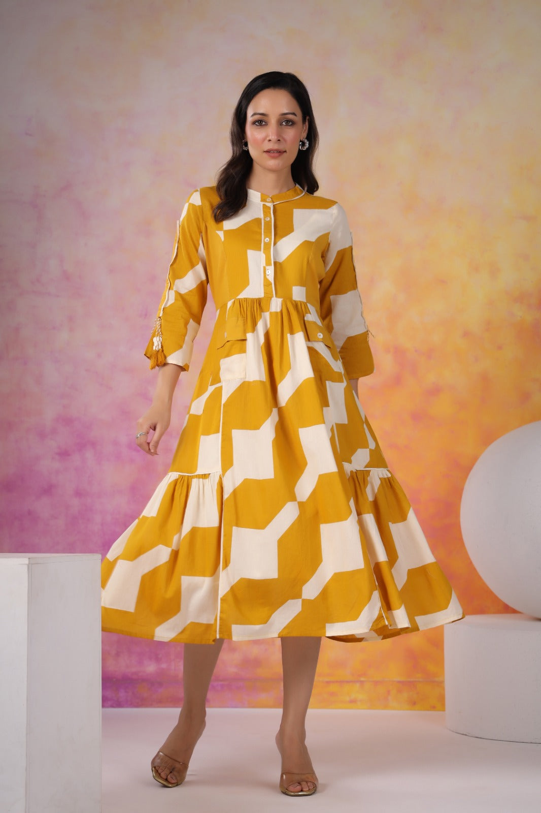 Mustard Abstract Print Cotton Midi Dress
