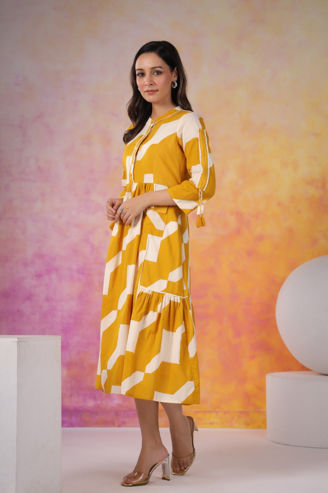 Mustard Abstract Print Cotton Midi Dress