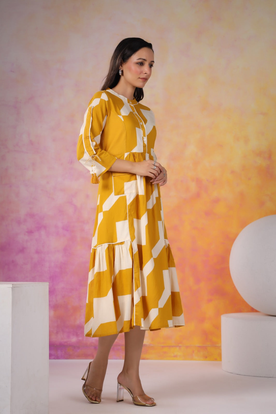 Mustard Abstract Print Cotton Midi Dress