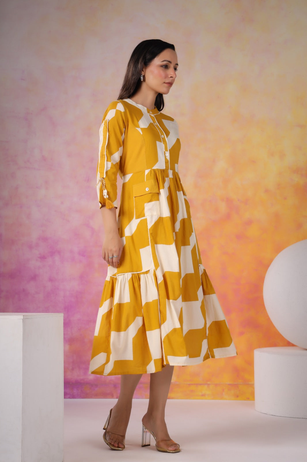 Mustard Abstract Print Cotton Midi Dress