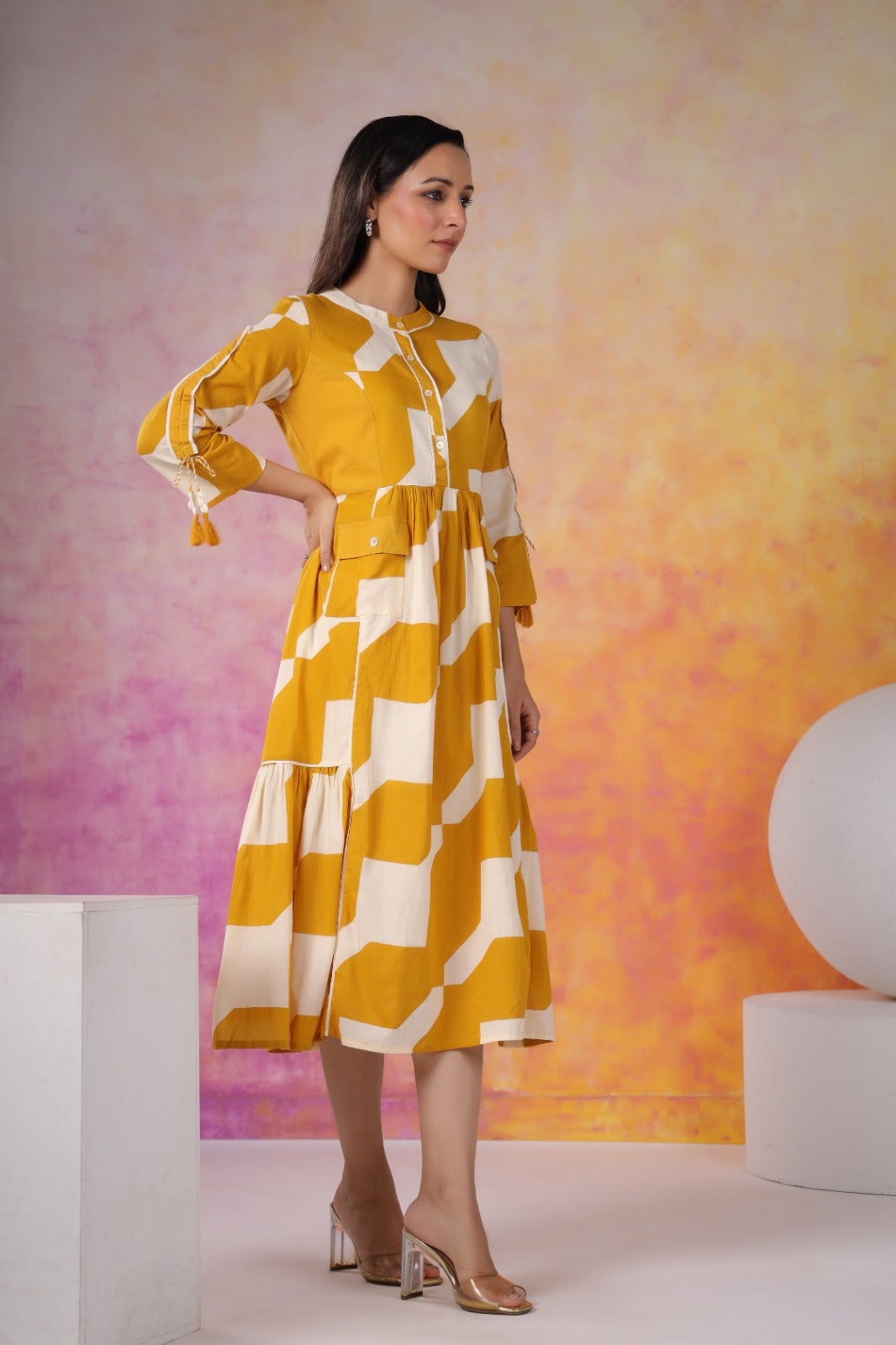 Mustard Abstract Print Cotton Midi Dress