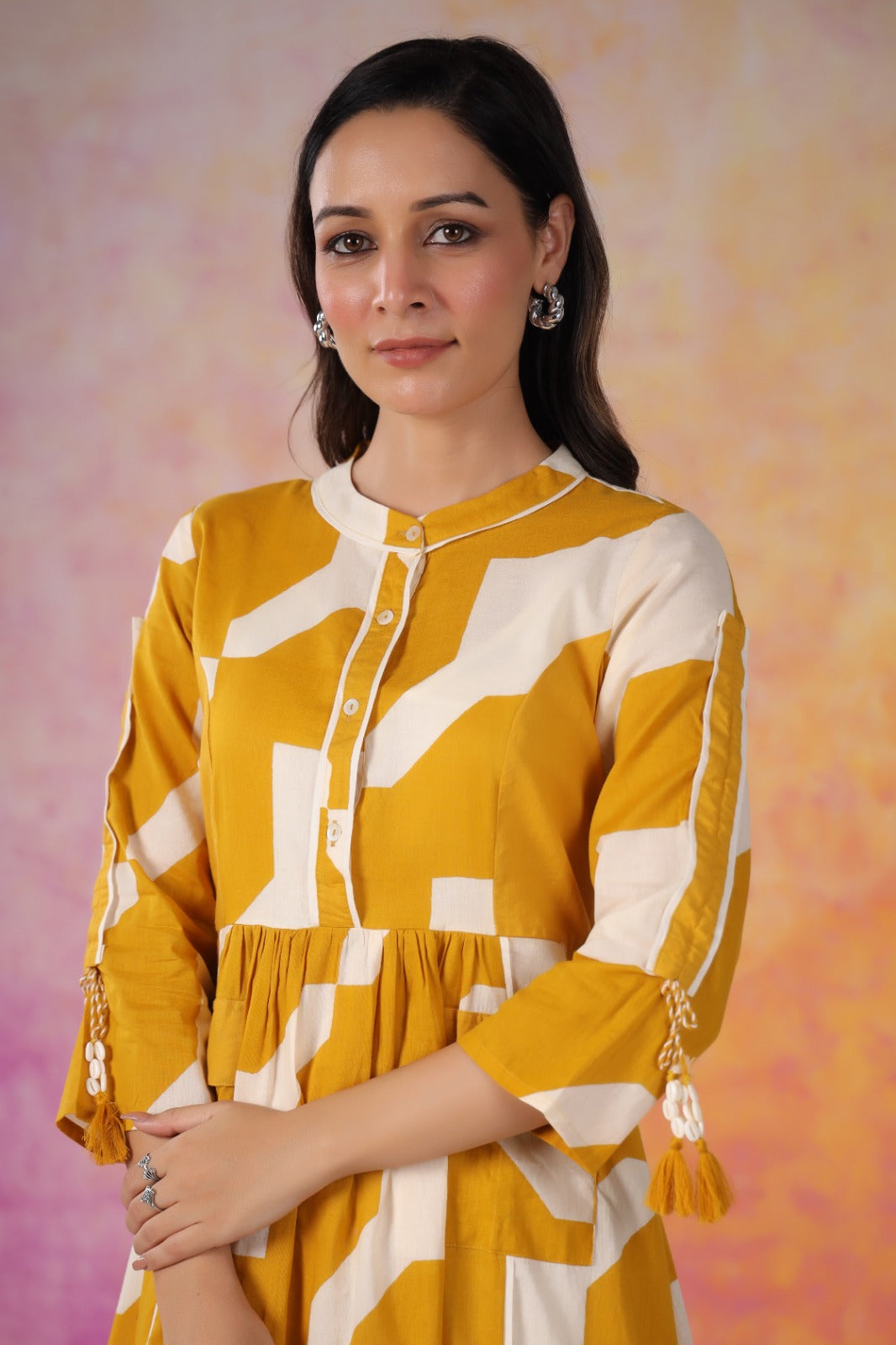 Mustard Abstract Print Cotton Midi Dress