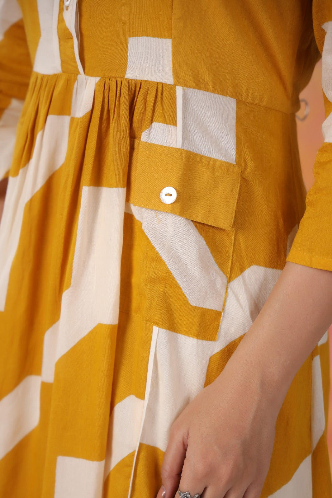 Mustard Abstract Print Cotton Midi Dress